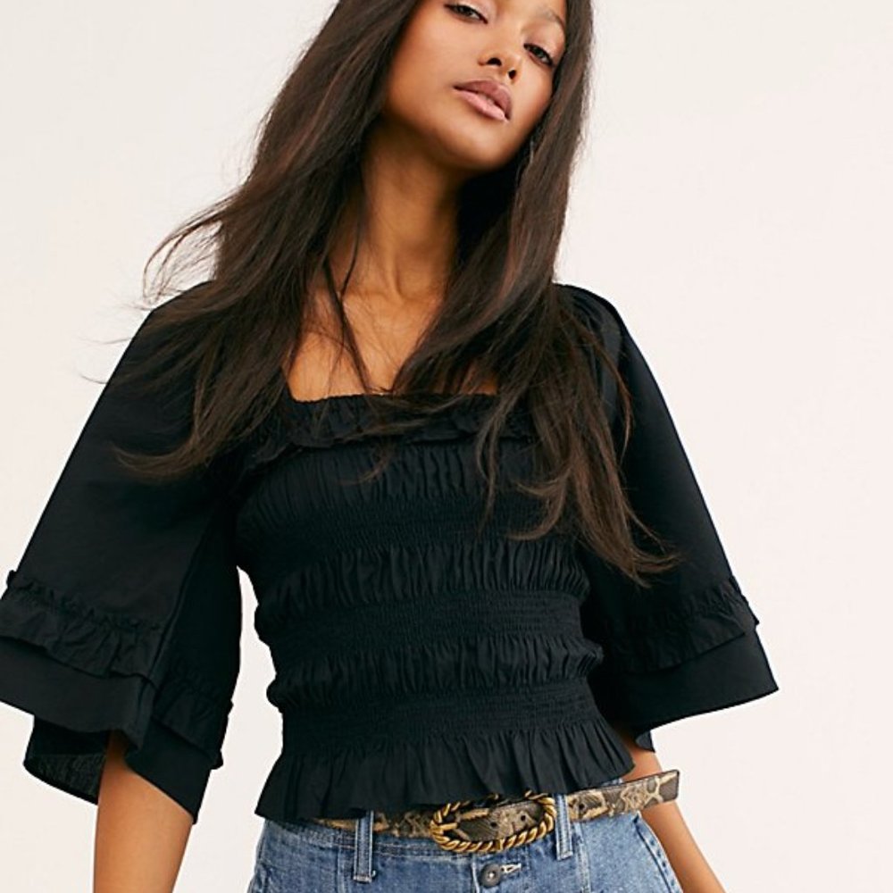 NWT -  Free People Endless Summer Shirred Perfection Top In Black SIZE MEDIUM